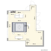 Plan avec dimension pièce, emplacement fenêtres, enceintes, pilier, portes, canapé, tapis, meuble enceintes