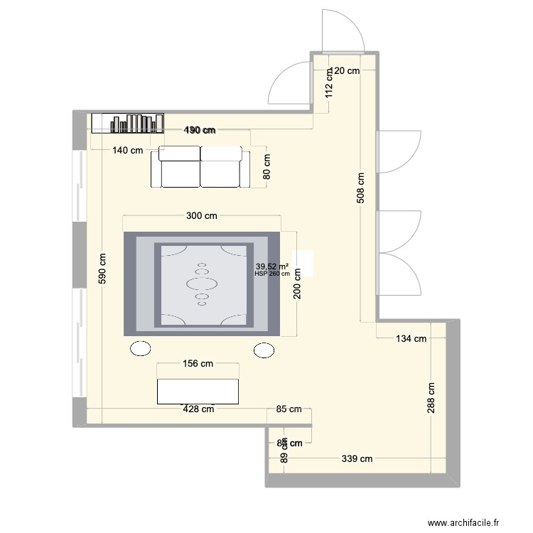 Plan avec dimension pièce, emplacement fenêtres, enceintes, pilier, portes, canapé, tapis, meuble enceintes. Plan de 1 pièce et 40 m2