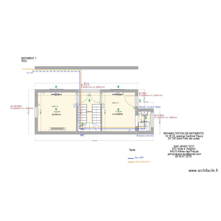 BAT 1 RDC ST FELIX. Plan de 4 pièces et 35 m2