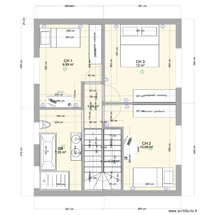 Etage. Plan de 6 pièces et 44 m2