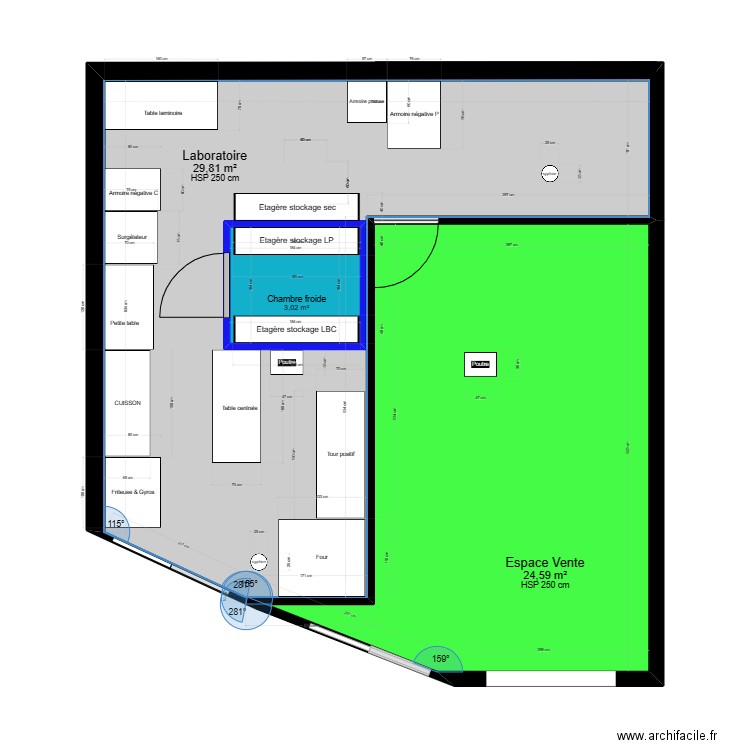 Laboratoire fabrication. Plan de 3 pièces et 61 m2