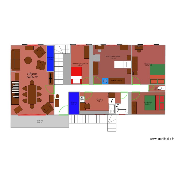 travail. Plan de 10 pièces et 83 m2