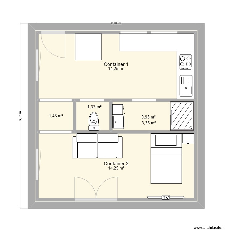 Maison2 / Container entouré bois. Plan de 6 pièces et 74 m2