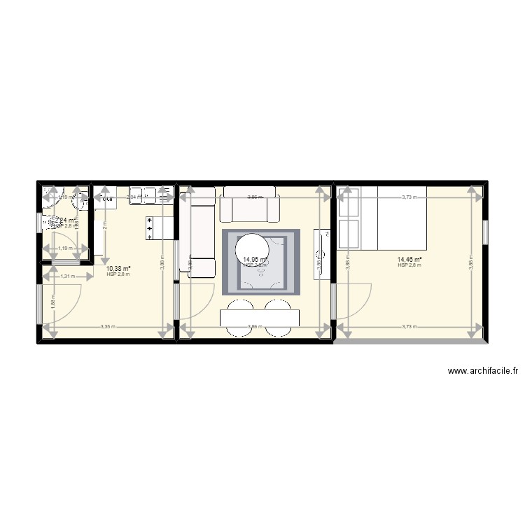 chambre salon. Plan de 4 pièces et 42 m2