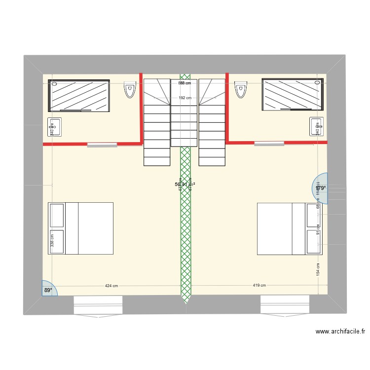 Plan étage bois. Plan de 1 pièce et 57 m2