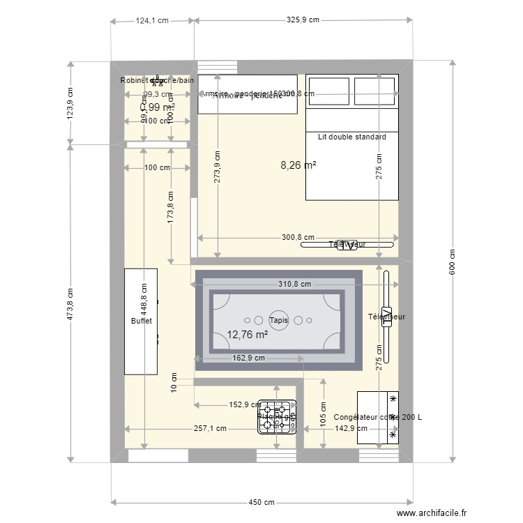 Chambre + Salon + Cuisine + Douche. Plan de 0 pièce et 0 m2