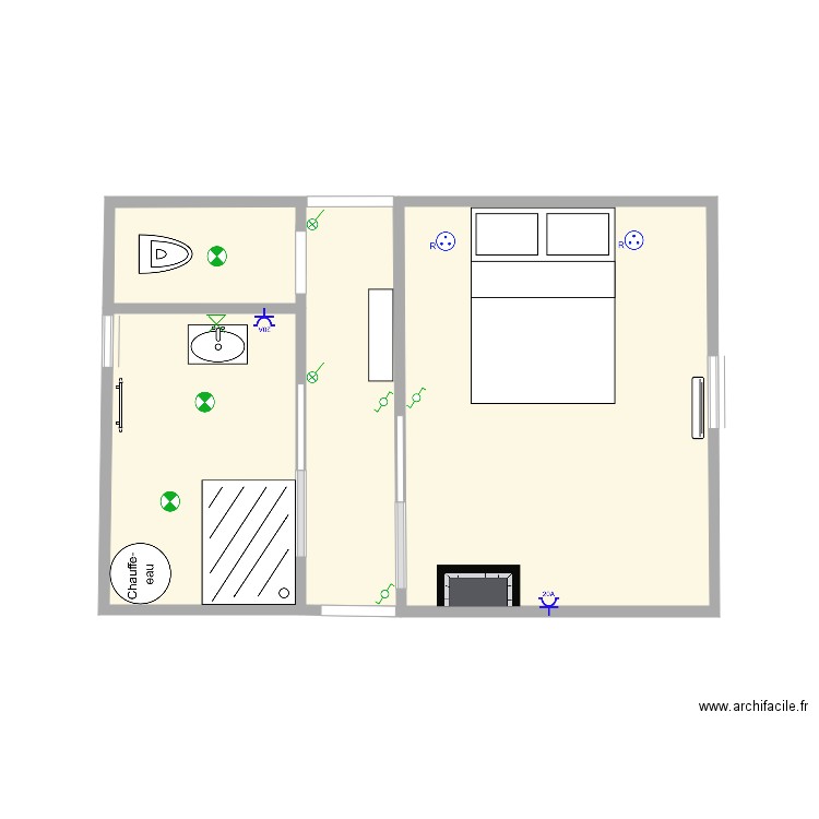 Aménagement chambre avec douche et wc. Plan de 0 pièce et 0 m2