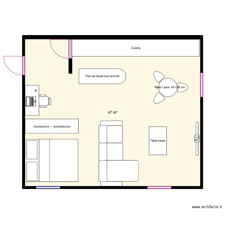 Studio. Plan de 1 pièce et 47 m2