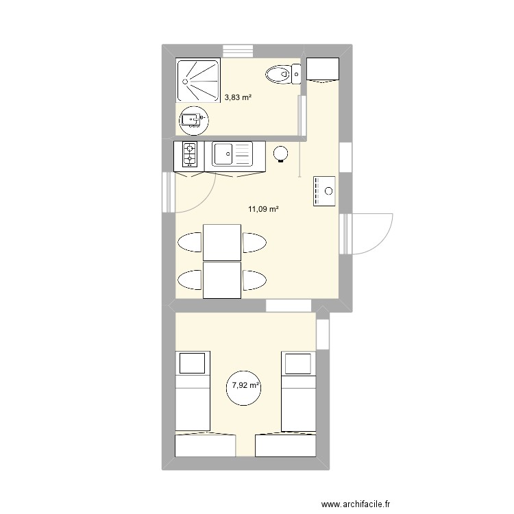 cabane. Plan de 3 pièces et 23 m2