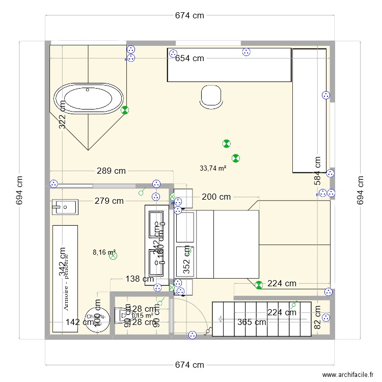 Etage Poussin Carantec . Plan de 3 pièces et 43 m2