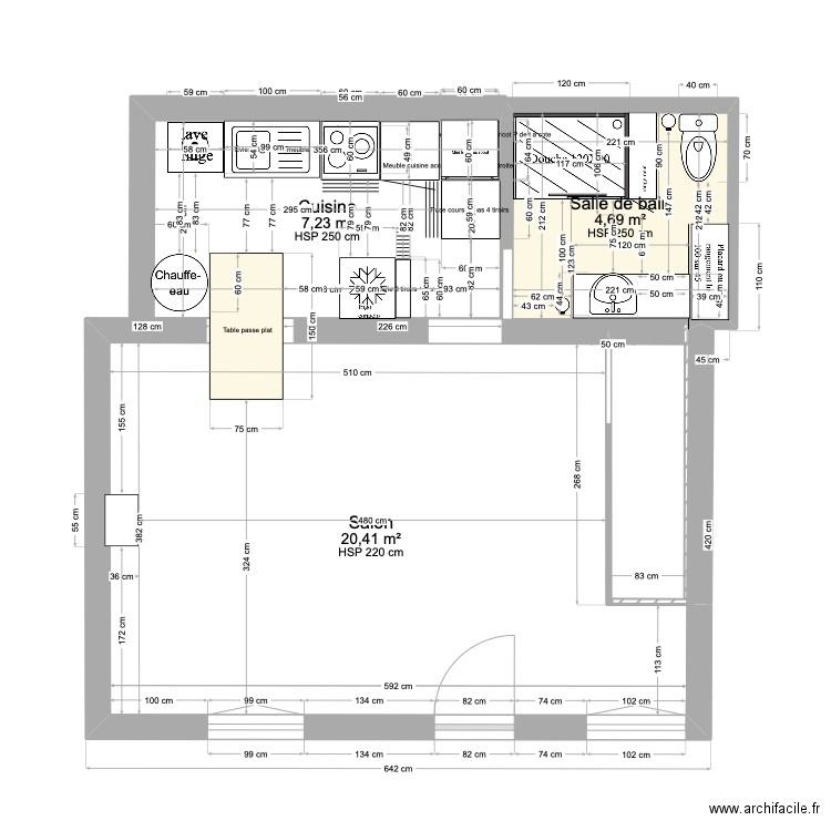 Maison Violaine Salon +cuisine sdb. Plan de 3 pièces et 32 m2