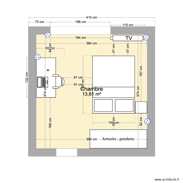 Studio Pièce de vie V3. Plan de 1 pièce et 14 m2