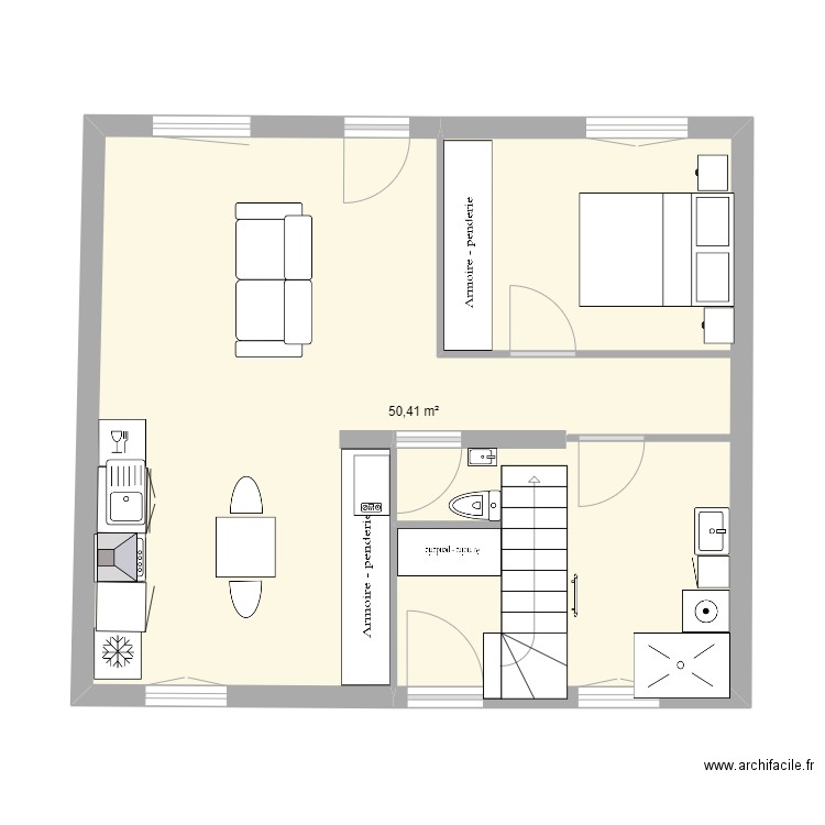 RDC LAGny. Plan de 2 pièces et 50 m2