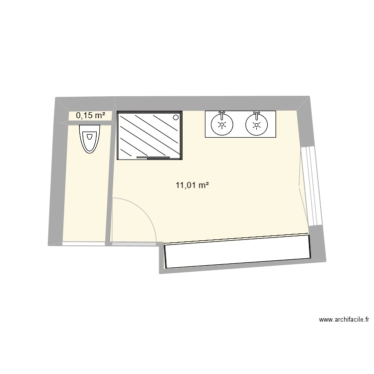 Salle de bain chez nous modifiée version 1. Plan de 2 pièces et 11 m2