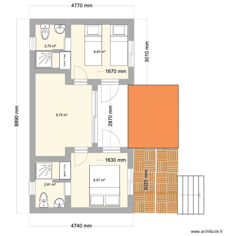 Bungalow Sardegna. Plan de 5 pièces et 28 m2