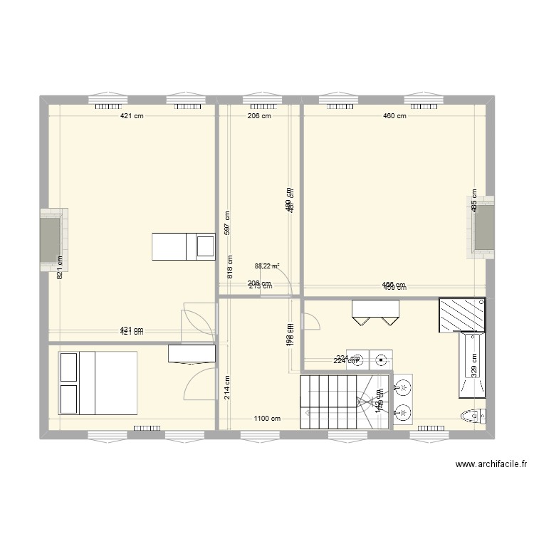 pal existant. Plan de 1 pièce et 88 m2