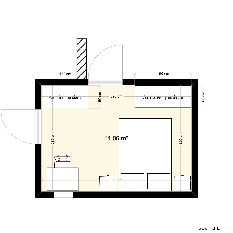 plan interieur porte cote jardin. Plan de 1 pièce et 11 m2