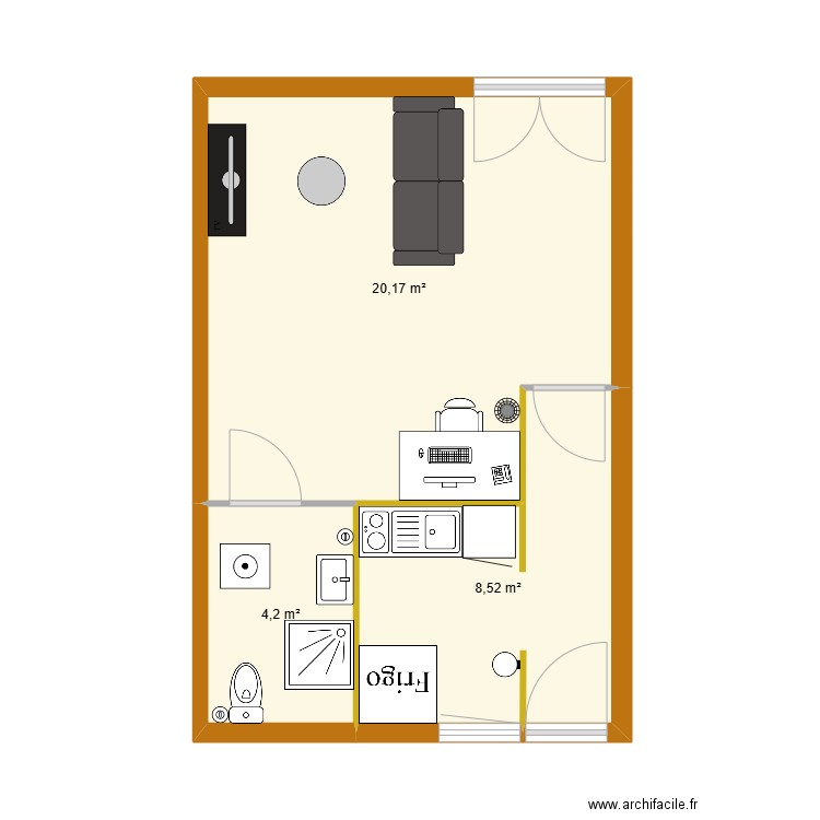 mme.Fondu. Plan de 3 pièces et 33 m2