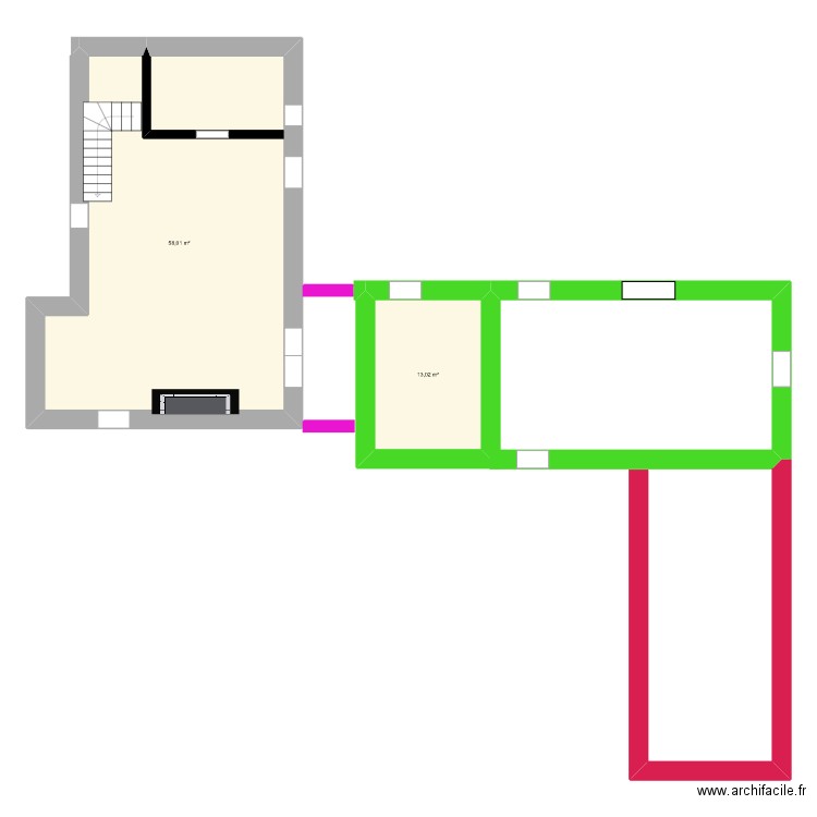 rdc. Plan de 2 pièces et 71 m2