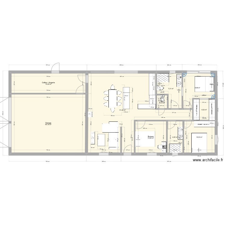 MAISON PLAIN PIED 130 M2 RECTANGLE 3 CHAMBRES. Plan de 10 pièces et 158 m2