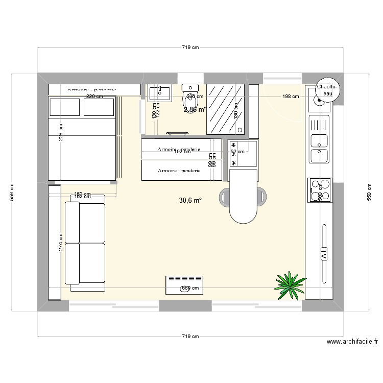 studio. Plan de 2 pièces et 33 m2