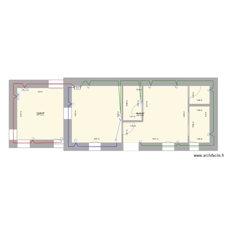 tranche 2_ prises. Plan de 2 pièces et 60 m2