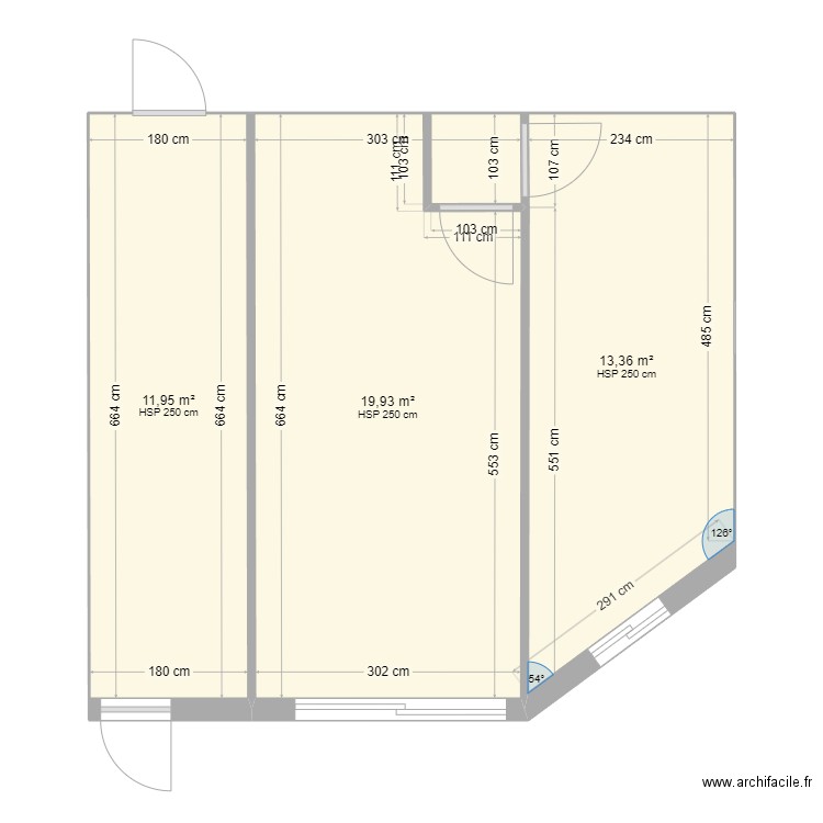 extension . Plan de 3 pièces et 45 m2