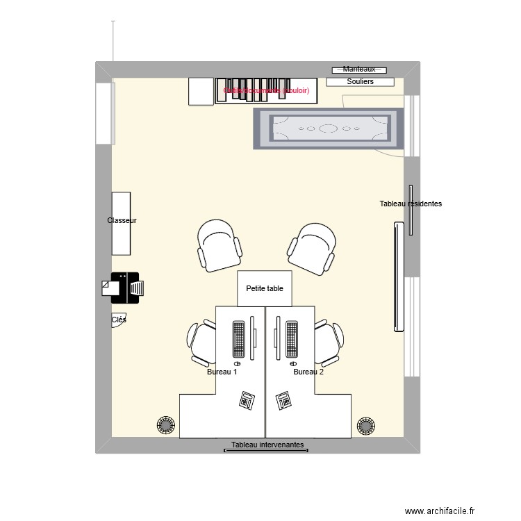 bureau intervenantes. Plan de 1 pièce et 28 m2