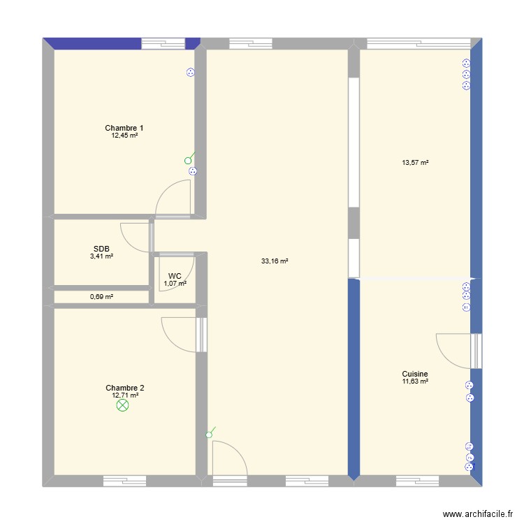 Maison des tronques. Plan de 8 pièces et 89 m2