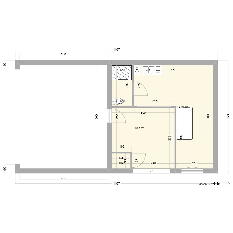 sous-sol aménagé. Plan de 2 pièces et 34 m2