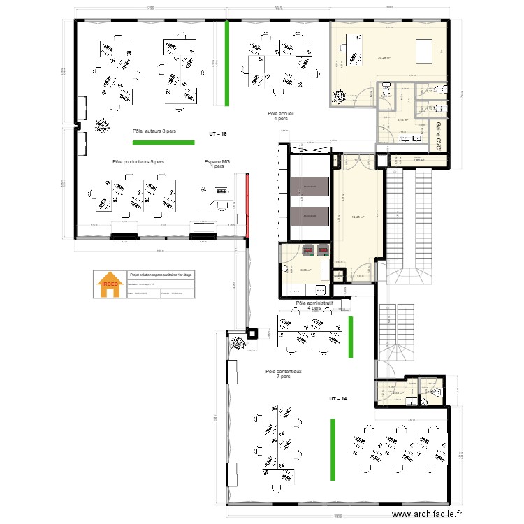 Plan 1 étage-sanitaires côté cour. V2. Plan de 15 pièces et 59 m2