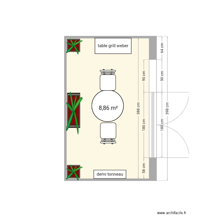 terrasse. Plan de 1 pièce et 9 m2