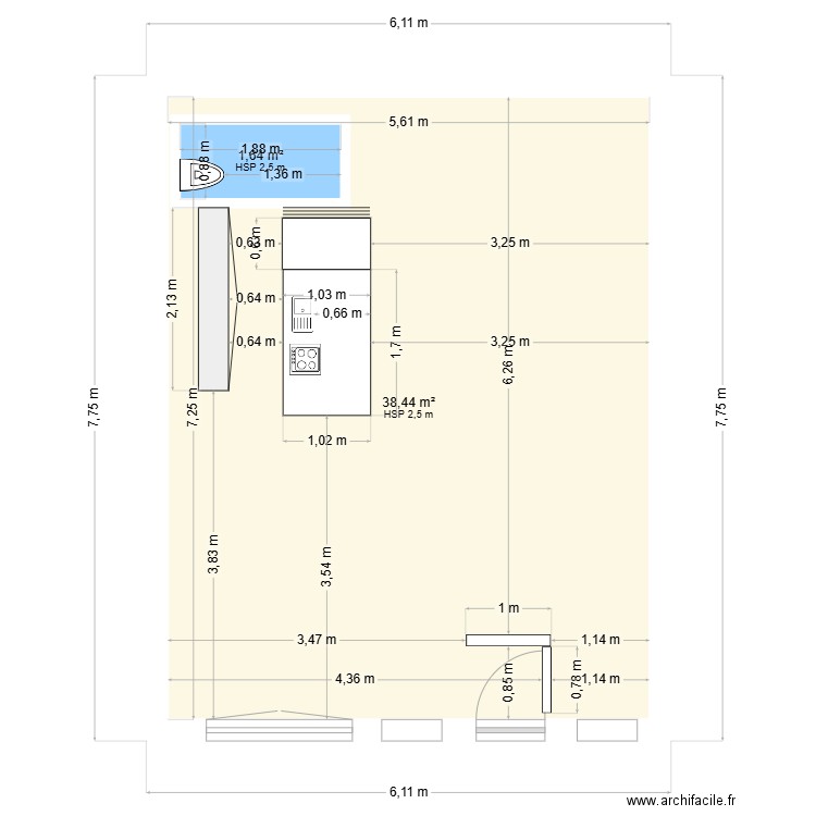 RDC nouvel apapart. Plan de 2 pièces et 42 m2