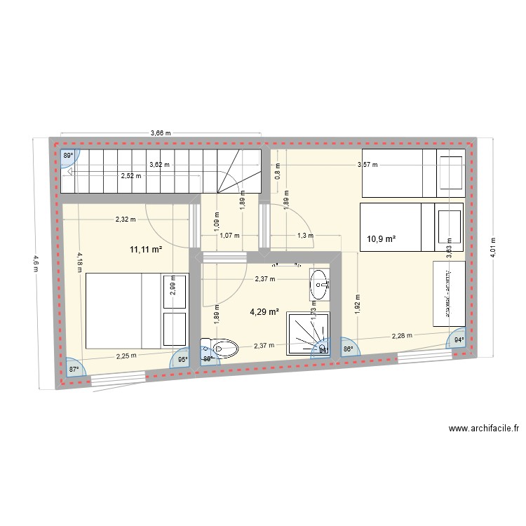 Etage Lanmeur. Plan de 3 pièces et 26 m2