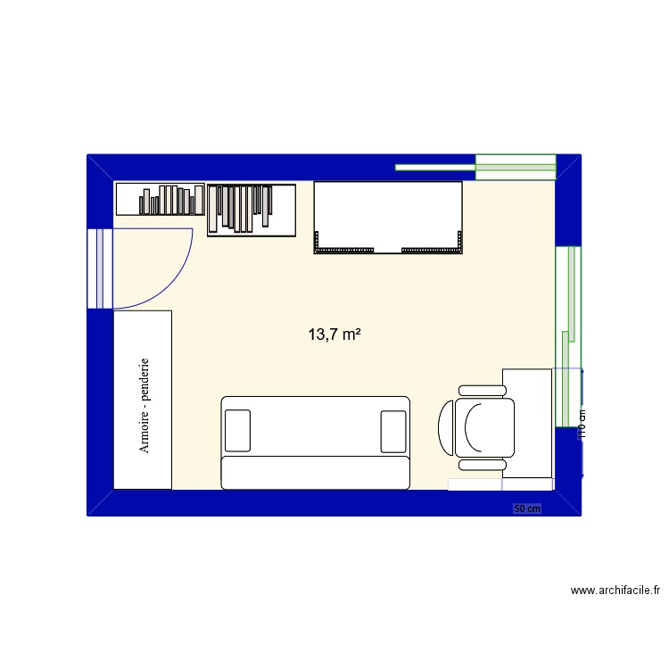 chanmbre2. Plan de 1 pièce et 14 m2