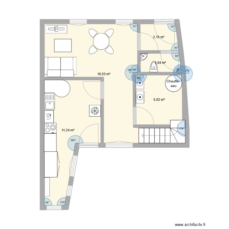 rdc aménagé. Plan de 5 pièces et 37 m2