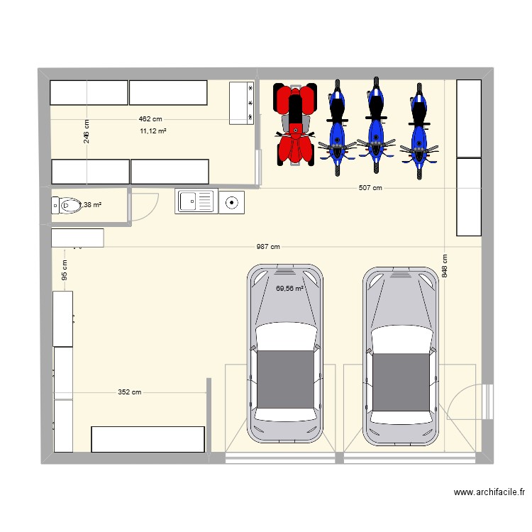 garage atelier. Plan de 3 pièces et 82 m2