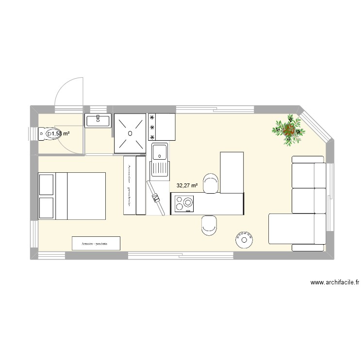 camping. Plan de 2 pièces et 34 m2