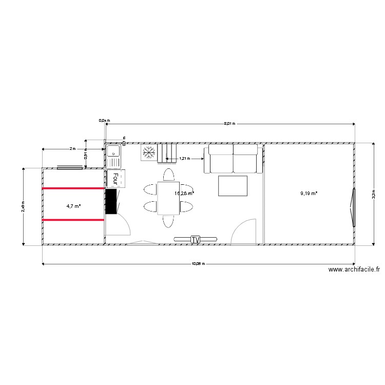 chalet modifié. Plan de 3 pièces et 30 m2