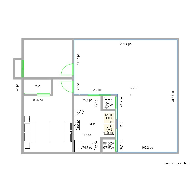 sous sol. Plan de 5 pièces et 60 m2