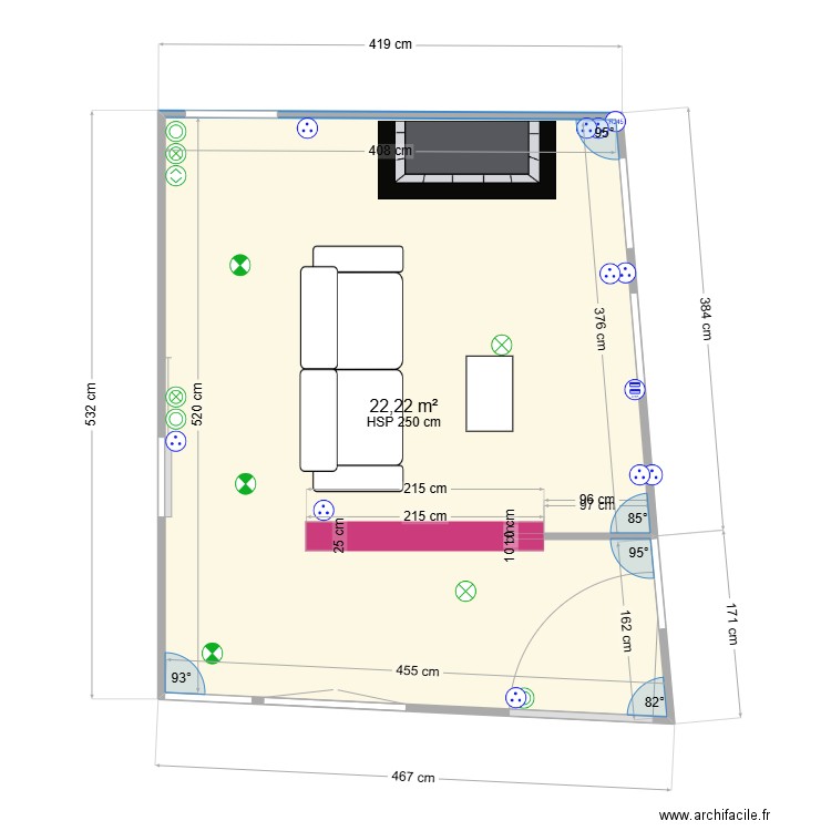 salon pisseloup. Plan de 1 pièce et 22 m2