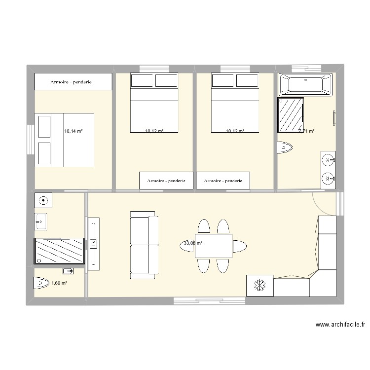 Maison 3ch 70m2. Plan de 6 pièces et 73 m2