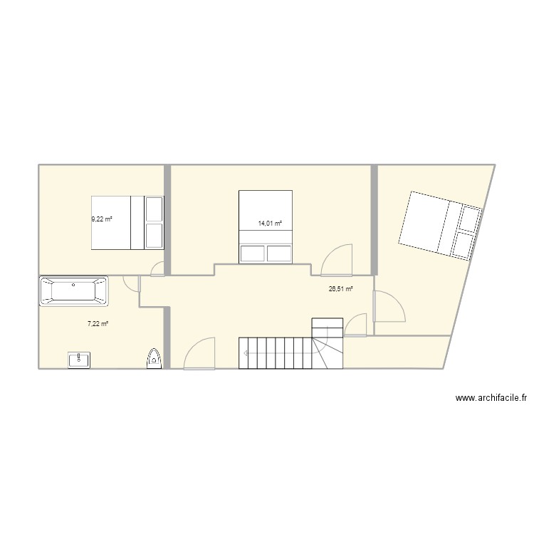 RDC. Plan de 4 pièces et 57 m2