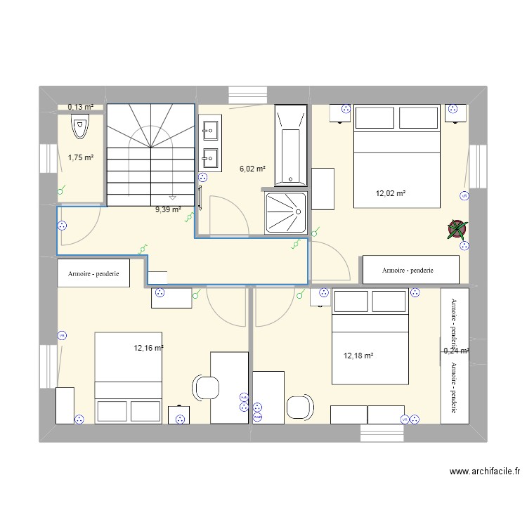 etage. Plan de 8 pièces et 54 m2