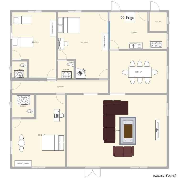 plan de 3 chambres salon avec salle à manger et cuisine. Plan de 11 pièces et 179 m2