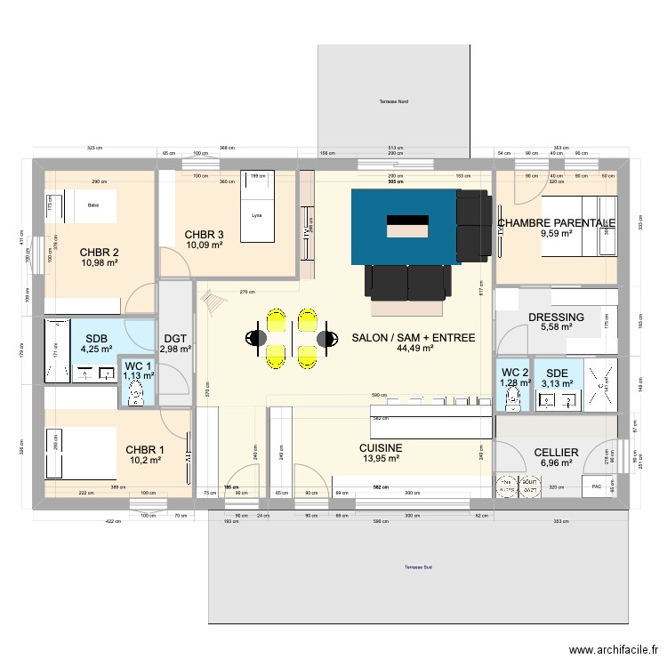 LA BOISSIERE - PLAN 7 bis - cuisine et entrée fermées - WC SEPARES. Plan de 13 pièces et 125 m2