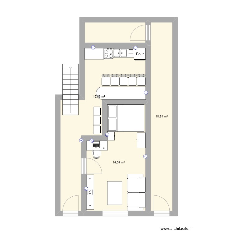 Salon. Plan de 3 pièces et 45 m2