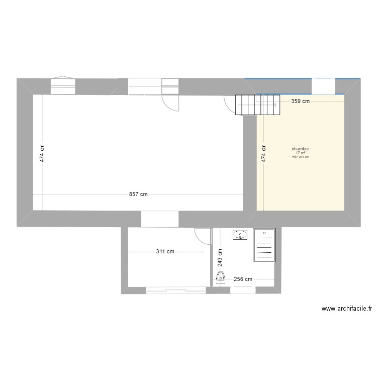 RDC modification sanitaires. Plan de 1 pièce et 17 m2