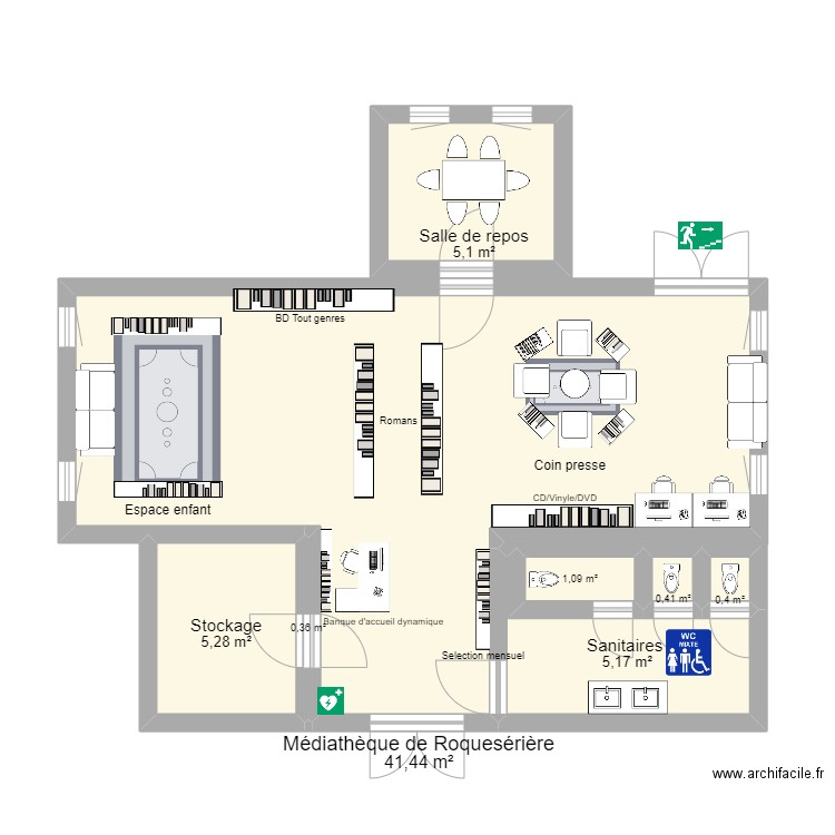 Bibliothèque Roqueseriere. Plan de 6 pièces et 60 m2