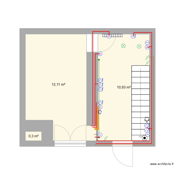 élec cuisine. Plan de 3 pièces et 23 m2